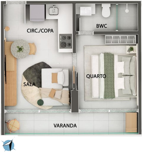 Quarto e sala 104 ao 1404