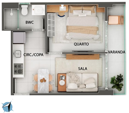 Quarto e sala 106 ao 1406